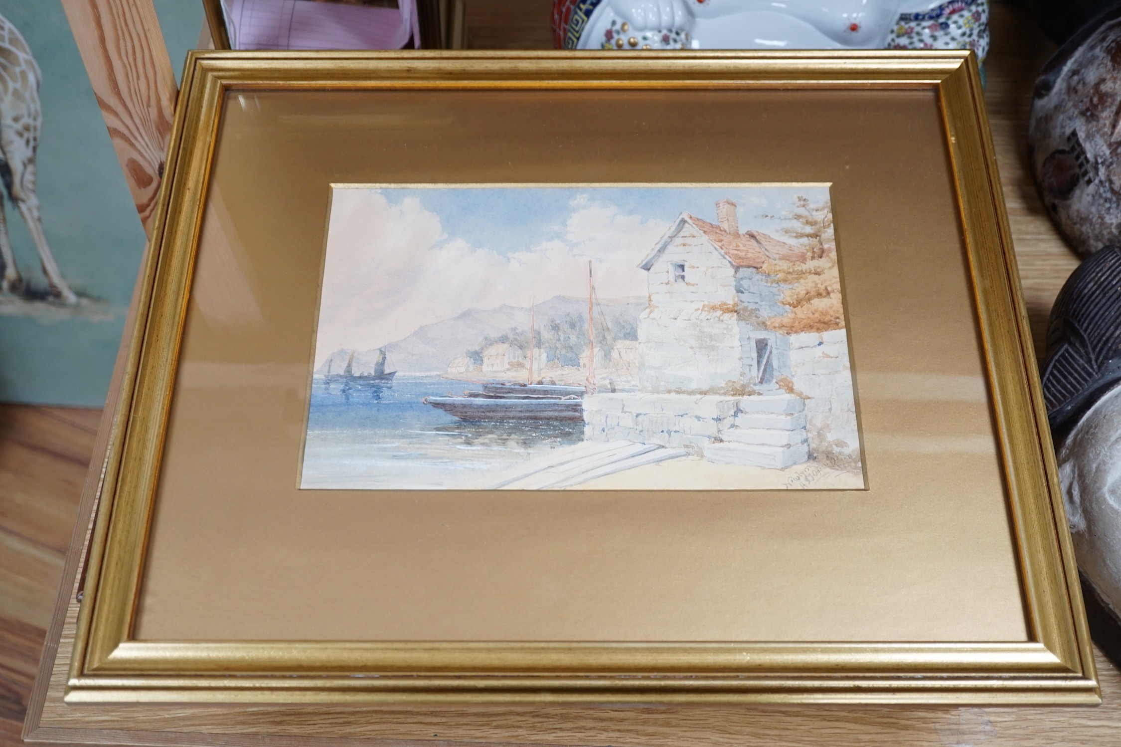 F. Walters, oil on canvas, Seascape, signed, 20 x 40cm, a watercolour of fisherfolk on the shore by H. Walter, 21 x 27cm, an Italian lake scene and an aquatint beach scene